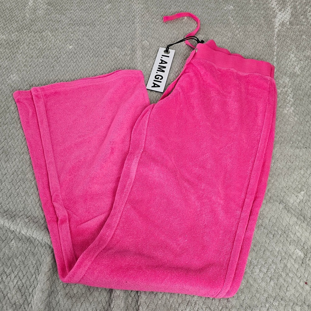 I.AM.GIA Kameron Track Pants Women's S Pink Velour Rhinestone Logo Wide Leg Y2K